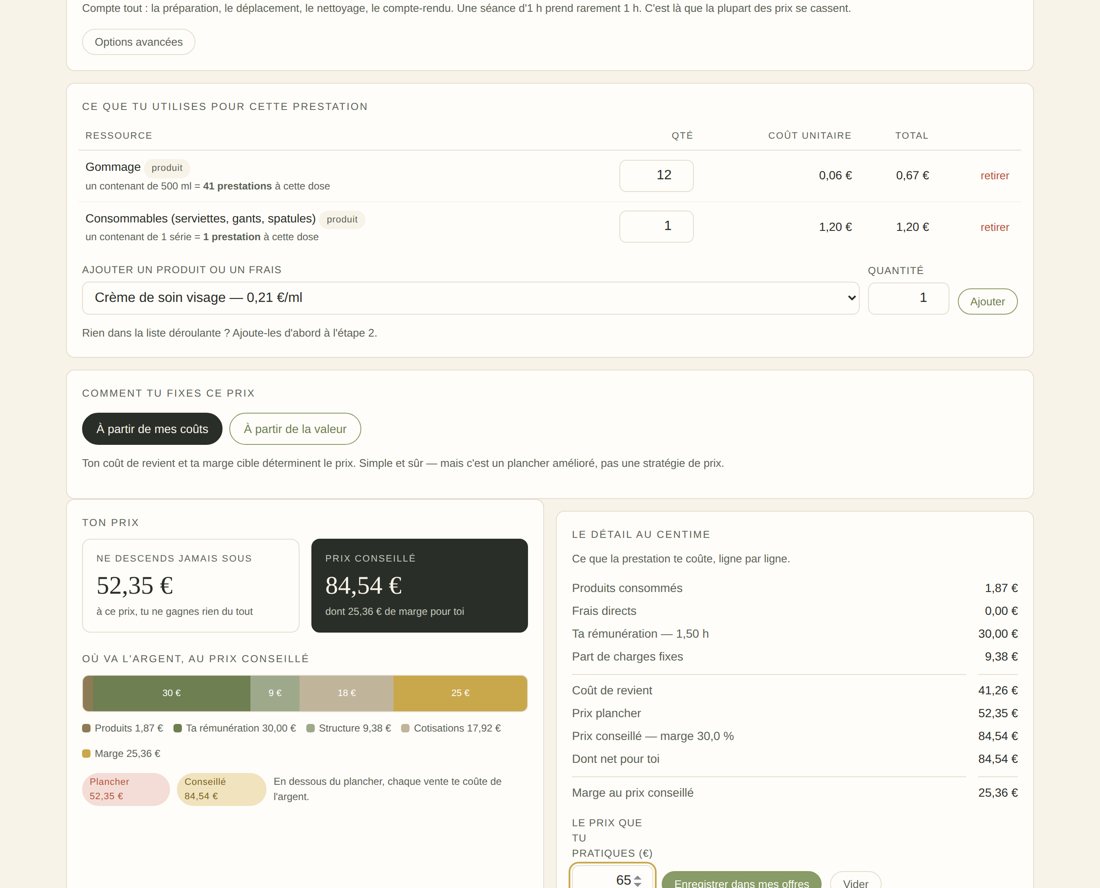 Écran de calcul de prix : prix plancher 52,35 € et prix conseillé 84,54 €